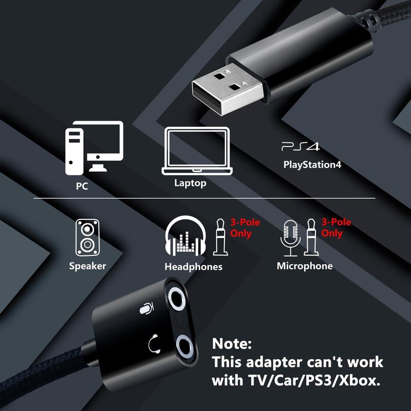 USB to 3.5mm Audio Adapter,External Stereo Sound Card with Dual TRS 3-Pole 3.5mm Headphone and Microphone Jack for PS4 PS5 PC Laptop, Built-in Chip Mic-Supported Headphone Adapter (Black Pro)