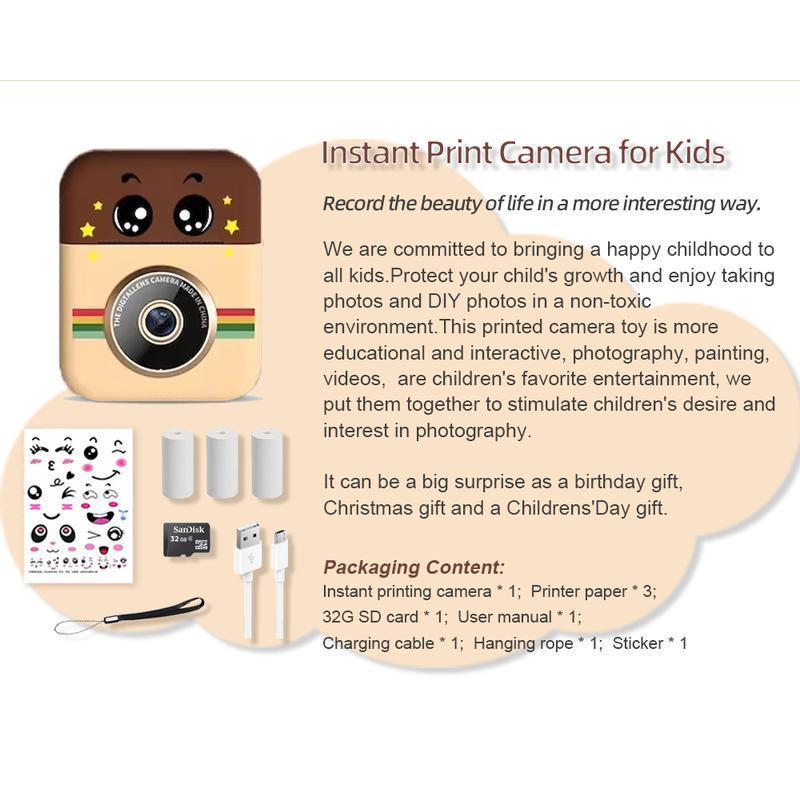 Instant print camera for kids, creative Christmasand birthday gift for boys and girlsages 6 andup, HD digital camera with thermalpaper,educational children's toy camera. portableinstant print camera,includes 32GB SD card Charging