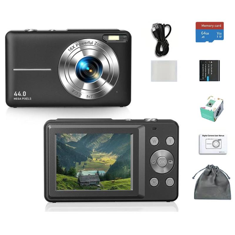 1080P FHD Digital Camera with Flash, Rechargeable Camera with 64GB High-Speed TF Storage Card, 1 Count Digital Point & Shoot Camera with 16X Zoom Anti Shake for Travel, Compact Small Outdoor Digital Camera For Boys Girls, Stocking Fillers Gift