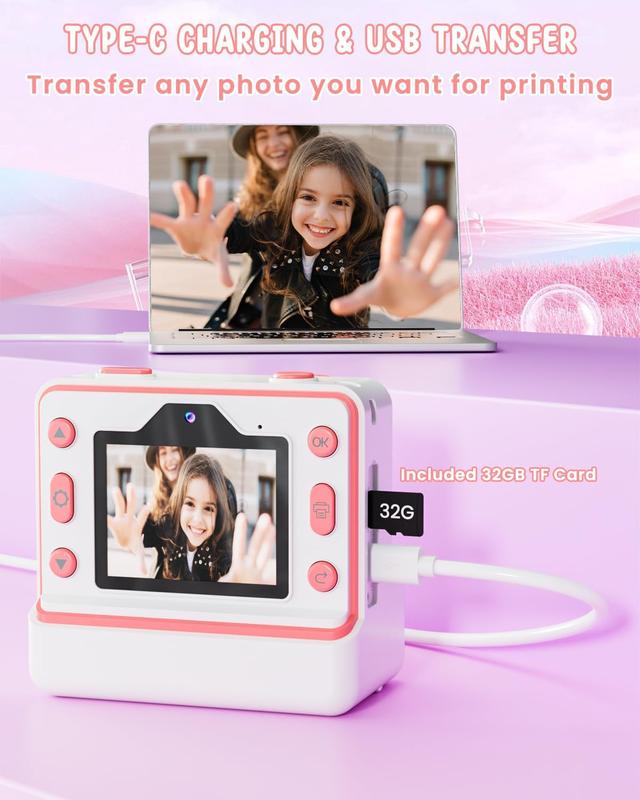 Instant print camera for kids, creative halloween and birthday gift for boys and girls ages 6 and up, HD digital camera with thermal paper, educational children's toy camera, portable instant print camera, includes 32GB SD card