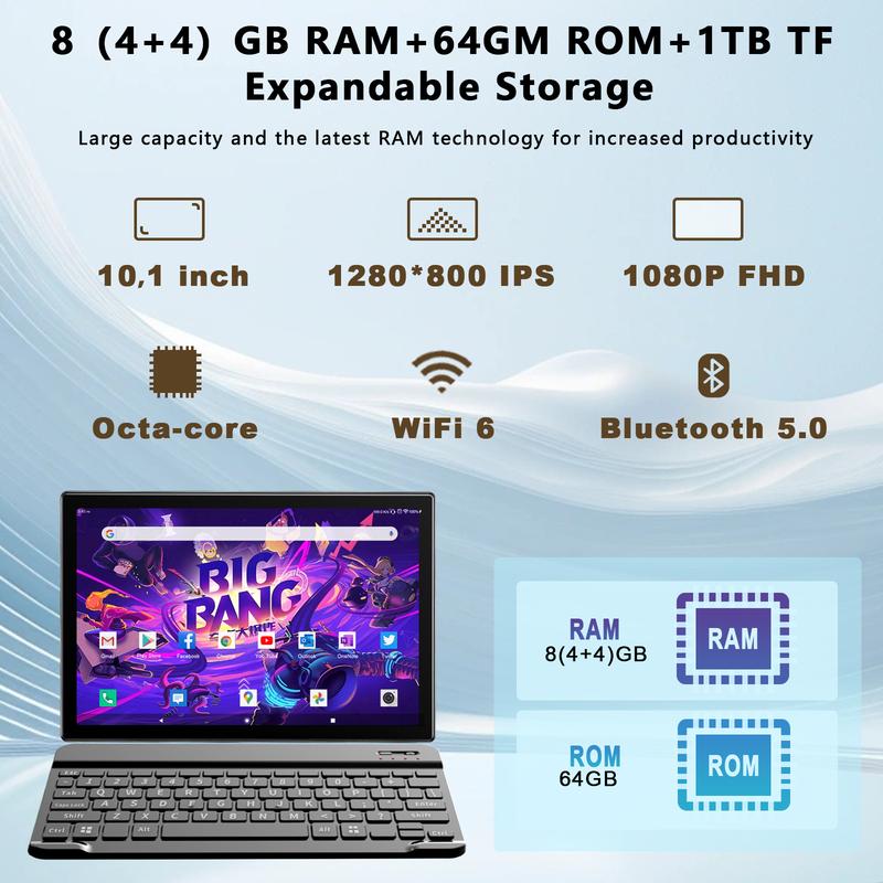 2024 Latest WiFi 6 Android 14 Tablet 10 inch, 8+64GB ROM (1TB TF Support), Octa-Core| Google GMS Certification| 5+13 MP| 1.8GHz| 6000 mAh| Tablet with Keyboard Mouse Pen, Support Bluetooth 5.0 android tablet