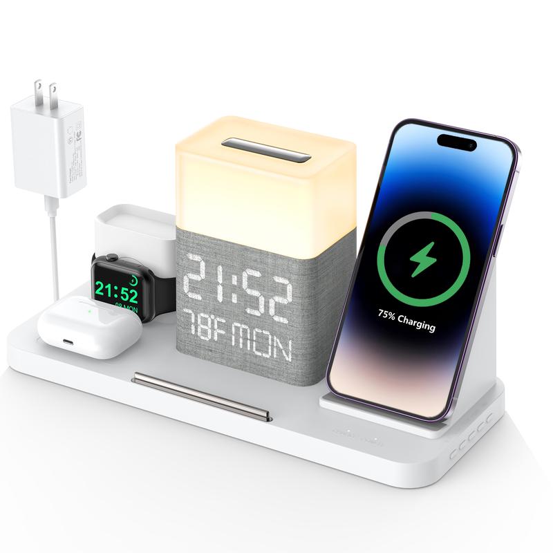 6 in 1 Wireless Charging Station, Magsafe Fast Charger with Bluetooth TimeSync, Touch Night Light, Time   Week   Indoor Temperature Display, 30W Adapter Included for iPhone 15   14   13   12   11 Series & AirPods & iWatch & Android Phone