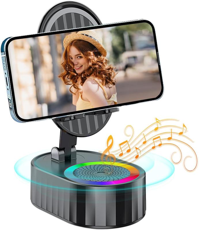 Black Friday Wireless Induction Audio Bluetooth Speaker 5in1 Phone Holder Emergency Rechargeable (3000mAh) Portable Power Tablet Stand With Colorful Ambient Light 300° Foldable for iPhone Android Non-Slip Base, Unique Cool Gadget Tech Gifts