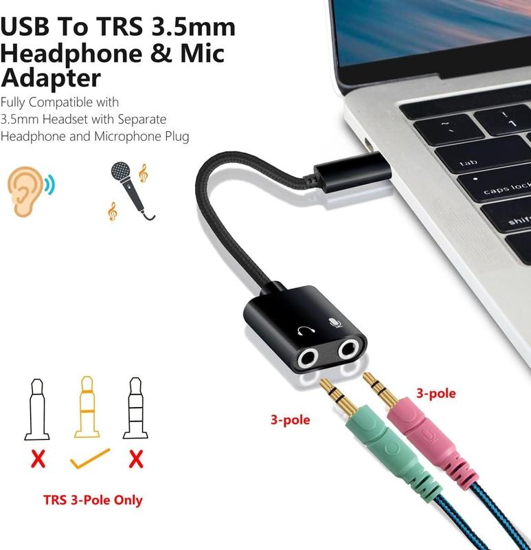 USB to 3.5mm Audio Adapter,External Stereo Sound Card with Dual TRS 3-Pole 3.5mm Headphone and Microphone Jack for PS4 PS5 PC Laptop, Built-in Chip Mic-Supported Headphone Adapter (Black Pro)