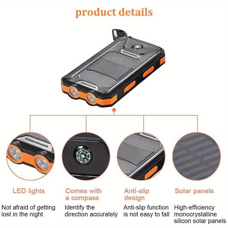 Portable Power Bank - Solar Charger, Flashlight,Compass,USB Output, iPhone & Android Compatible -Emergency Backup Battery Pack for Outdoor