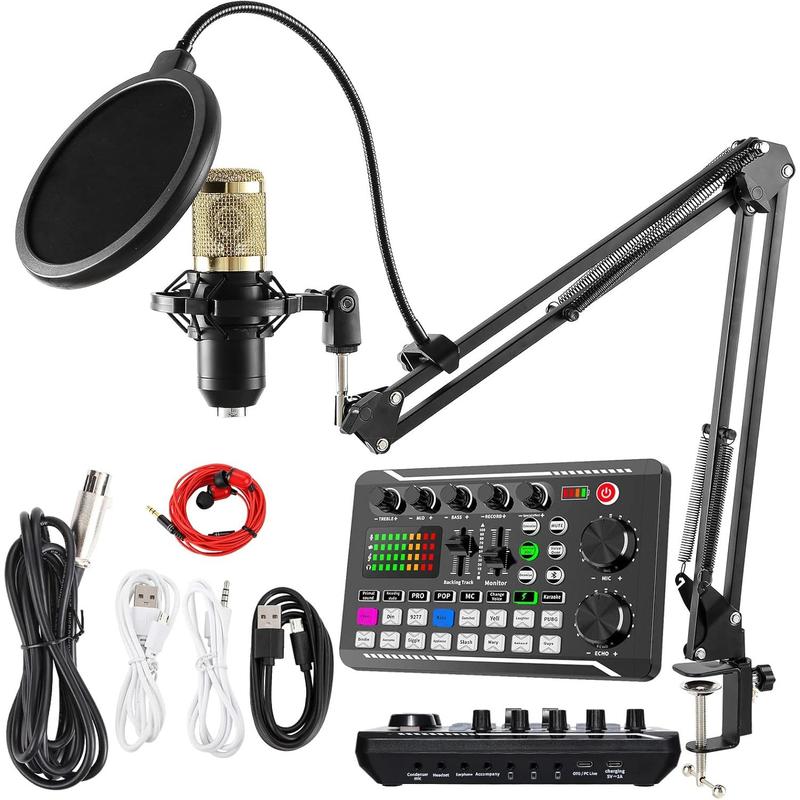 Microphone Bundle, BM-800 Condenser Mic with Live Sound Card Kit, Podcast Equipment Bundle with Voice Changer and Mixer Functions for PC Smartphone Studio Recording & Broadcasting