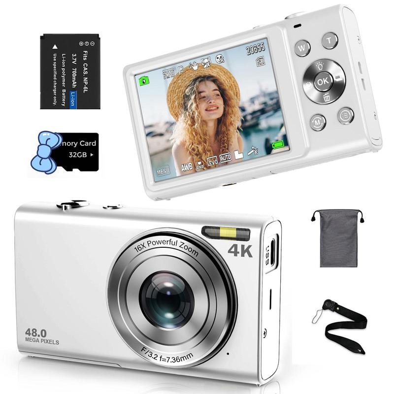 4K 48 Million Pixel Digital Cameras, Autofocus, 16X Digital Zoom, with 32G Memory Card, Mini Camera, Vintage Digital Camera for Entry-level Photographers, Vintage Camera, Digital Cameras, Compact Camera, Photo Camera, Stocking Fillers Gift