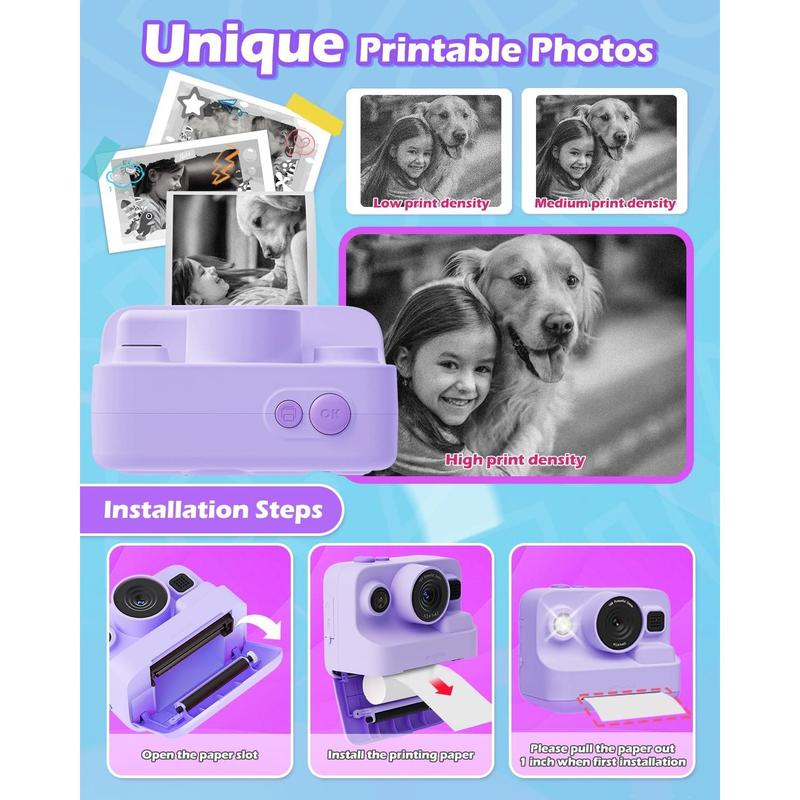 Instant Camera Toys for  3-12 Girls Boys Christmas Birthday Party Gift Ideas - 2.4 inch IPS Screen  Digital Camera with 1080P Video Recorder 32GB SD Card with 3 Paper Rolls Purple