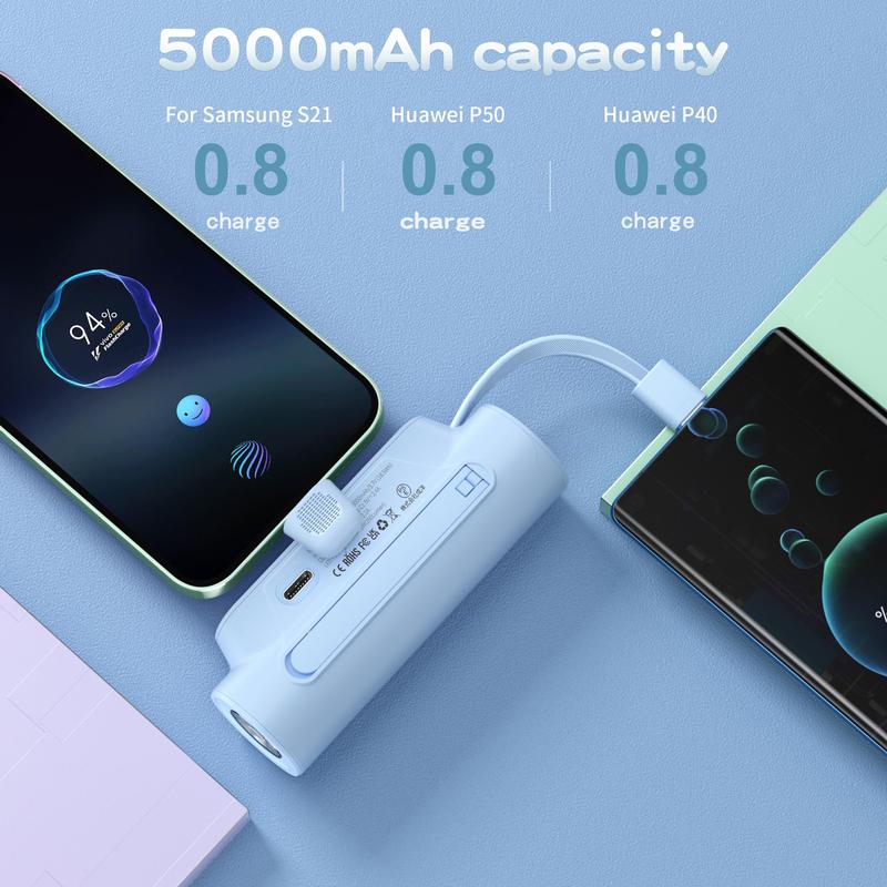 5000mAh Mini Phone Power Bank, Compact Power Pack with LED Lighting, Built-in Type-C Cable Output Input Efficient Charging Power Bank for Samsung, iPhone Android, Phone Accessories