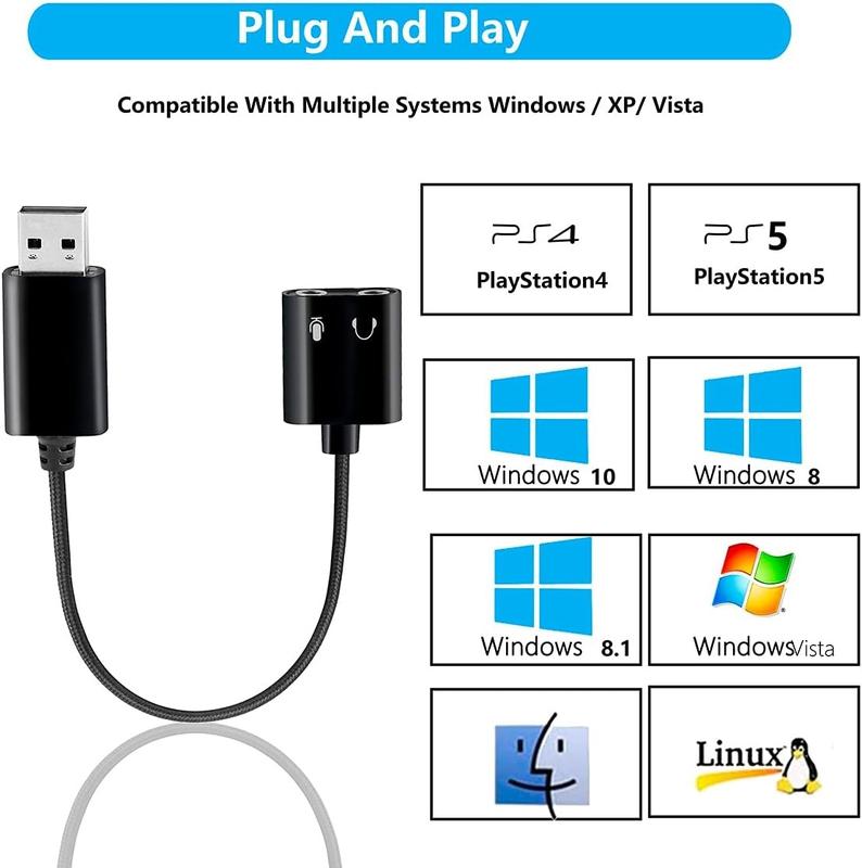 USB to 3.5mm Audio Adapter,External Stereo Sound Card with Dual TRS 3-Pole 3.5mm Headphone and Microphone Jack for PS4 PS5 PC Laptop, Built-in Chip Mic-Supported Headphone Adapter (Black Pro)