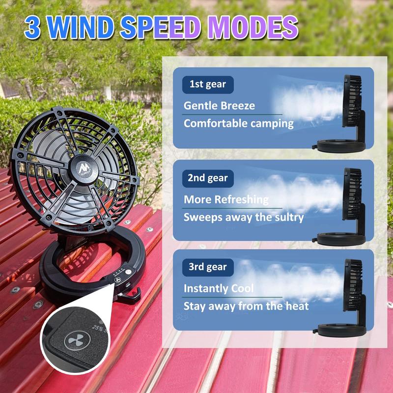 Foldable Camping Fan Rechargeable, Ayamaya 10400mAh Portable Battery Powered Camping Fan for Tents, Hangable USB Fans with LED Lantern Suitable for Fishing, Camping, BBQ, Workplace,Tent Fan with Light Button Mobile Adjustable Durable Equipment Charging