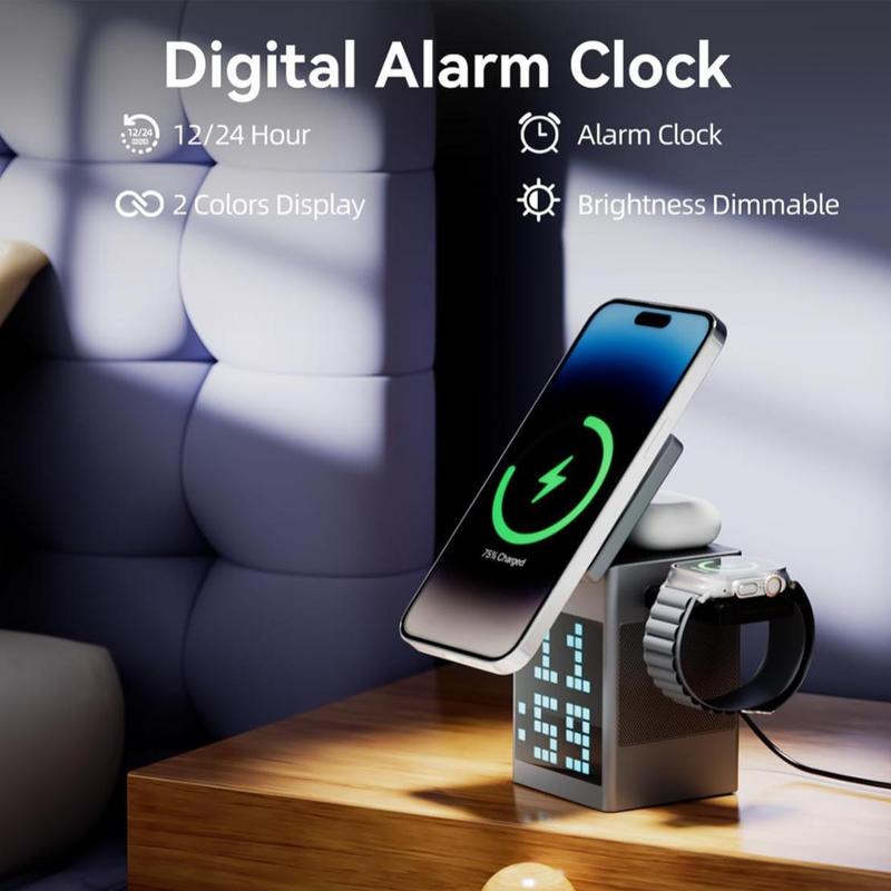 3 in 1 Wireless Charging Station, Multifunctional Wireless Charger with Bluetooth-compatible Speaker Alarm Clock, Fast Charging Station for iPhone 16 15