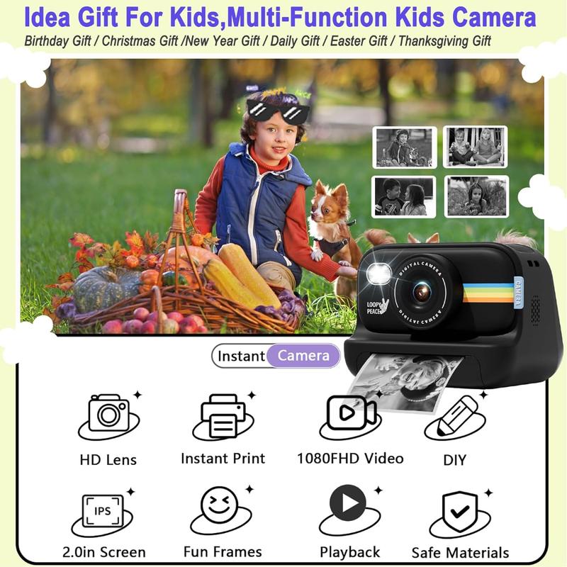 Instant Print, Inkless,digital camera,filmcamera disposablecamera Card Charging AdjustableDurable Sd ,Auto Focus Digital.Portable outdoor camera Child Memory fujifilmcamera 10x micro sd point & shoot cameras,Christmas Holiday Gift Ideas for Boys and Girls