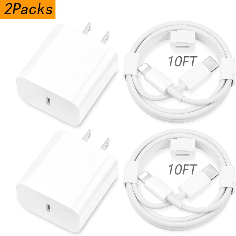 10FT 6FT Super Fast Charging 2-Pack Type-C Wall Charger Block with 2-Pack USB-C to Lightning Cable for iPhone 14 13 12,AirPods Pro, Mobile Smartphone