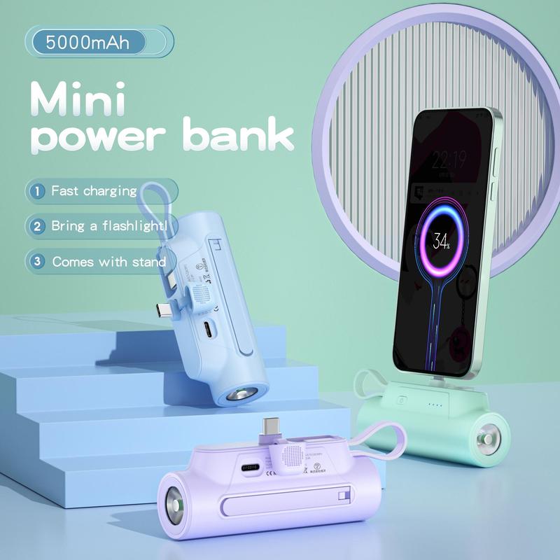 5000mAh Mini Phone Power Bank, Compact Power Pack with LED Lighting, Built-in Type-C Cable Output Input Efficient Charging Power Bank for Samsung, iPhone Android, Phone Accessories