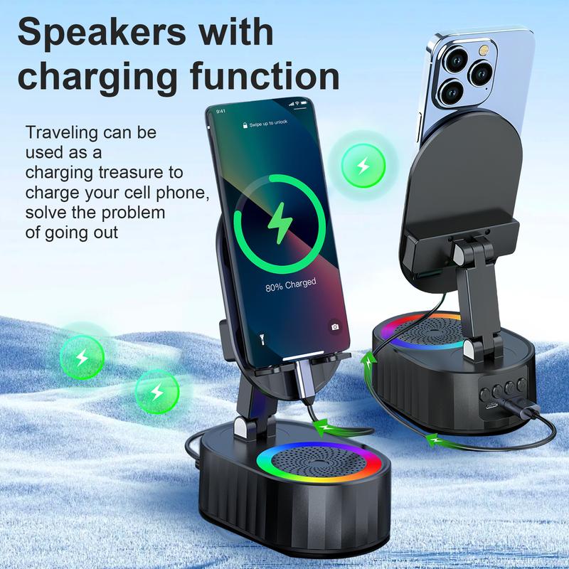 Black Friday Wireless Induction Audio Bluetooth Speaker 5in1 Phone Holder Emergency Rechargeable (3000mAh) Portable Power Tablet Stand With Colorful Ambient Light 300° Foldable for iPhone Android Non-Slip Base, Unique Cool Gadget Tech Gifts