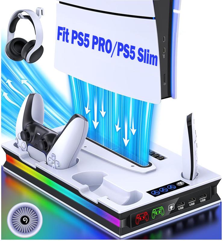 PS5 Cooling Station with Controller Charging Station for PS5 Pro PS5 Slim PS5 Disc Digital Console, PS5 Accessories 3 Level Cooling Fan, RGB, 3 USB Hub, Headset Holder, Media Slot