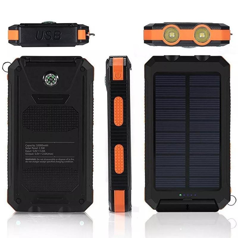 Portable Power Bank - Solar Charger, Flashlight,Compass,USB Output, iPhone & Android Compatible -Emergency Backup Battery Pack for Outdoor