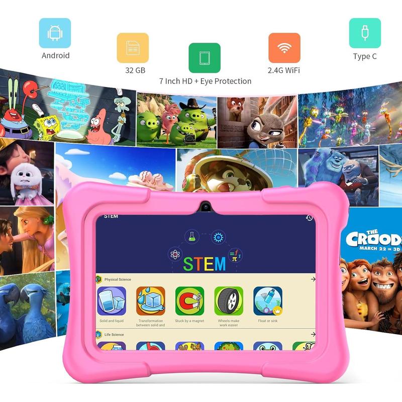 7 inch Tablet for  with Solid Case,  Tablets 32GB with Parental Control, Pre-Installed APPs Free , Learning Educational  Tablet WiFi, , Camera, Pink