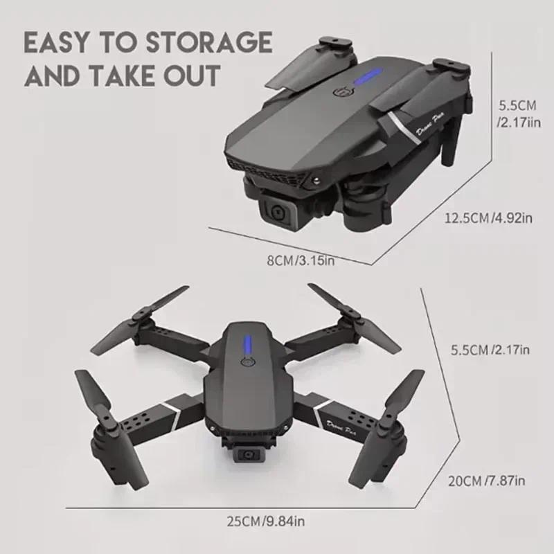 Professional Drone E88 4K Wide-Angle HD 1080P Camera WiFi FPV Height Hold Foldable RC Drone Quadrotor Helicopter Children's Toys Automatic Durable Folding Phone Charging Chargeable