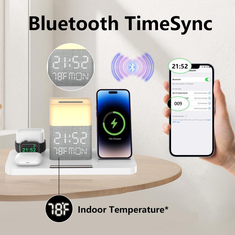 6 in 1 Wireless Charging Station, Magsafe Fast Charger with Bluetooth TimeSync, Touch Night Light, Time   Week   Indoor Temperature Display, 30W Adapter Included for iPhone 15   14   13   12   11 Series & AirPods & iWatch & Android Phone