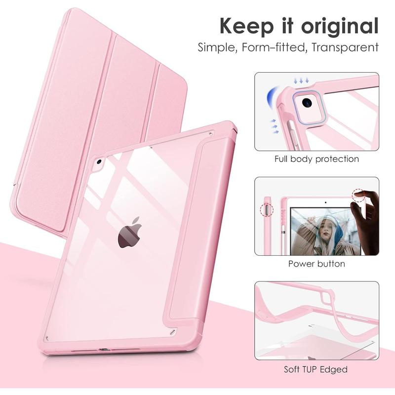 for iPad 6th   5th generation 9.7 inch case (2018 2017), iPad Air 2  1 (2014 2013) case, clear back, Smart Cover [built-in pencil holder, auto Sleep Wake] -pink