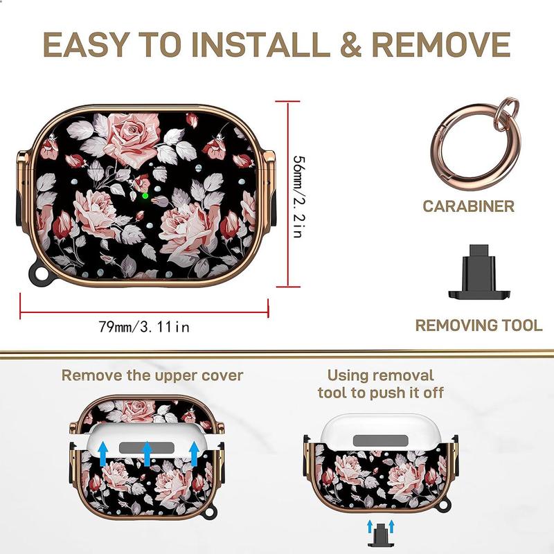 Flower Pattern Earphone Case with Anti-lost Carabiner, Shockproof Earphones Protective Cover for Airpods Pro, Earphone Protector Cover for Men & Women