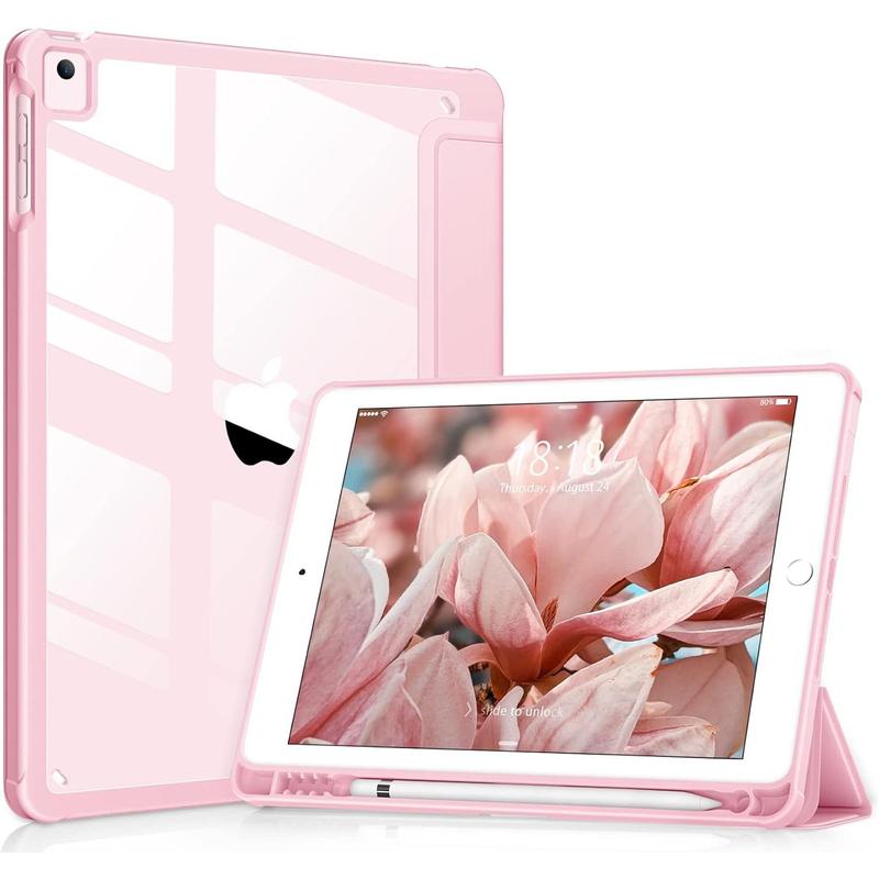 for iPad 6th   5th generation 9.7 inch case (2018 2017), iPad Air 2  1 (2014 2013) case, clear back, Smart Cover [built-in pencil holder, auto Sleep Wake] -pink