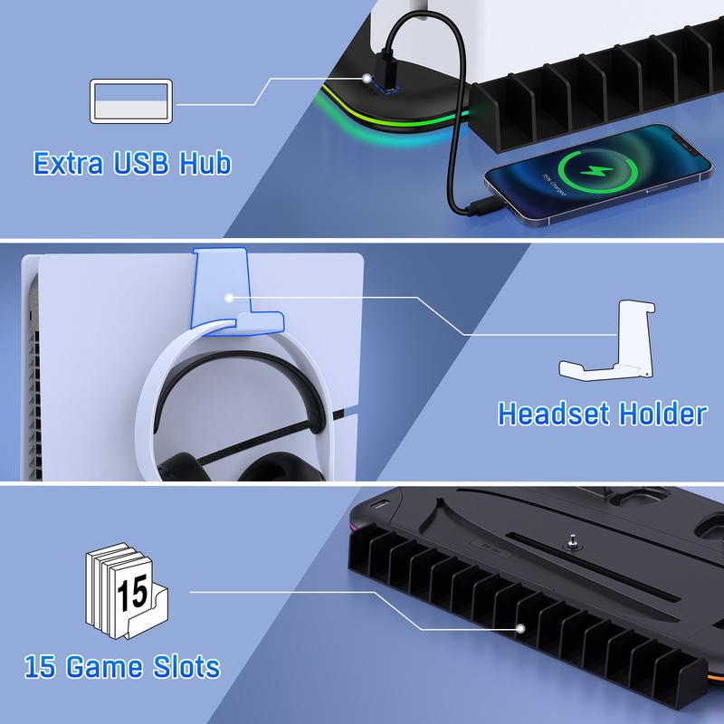 ESYWEN PS5 Cooling Stand Compatible with PS5 Disc & Digital with RGB Light Upgrade Cooling Fan, Dual Controller Charging Dock