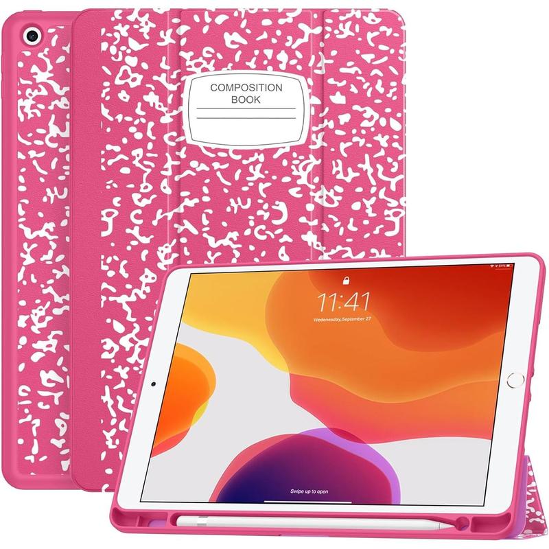 for iPad 10.2 Case with Pencil Holder for iPad 9th Generation 2021 8th Gen 2020 7th Gen 2019-Premium Shockproof Case with Soft TPU Back Cover & Auto Sleep Wake for iPad 10.2 Inch,Book Hot Pink