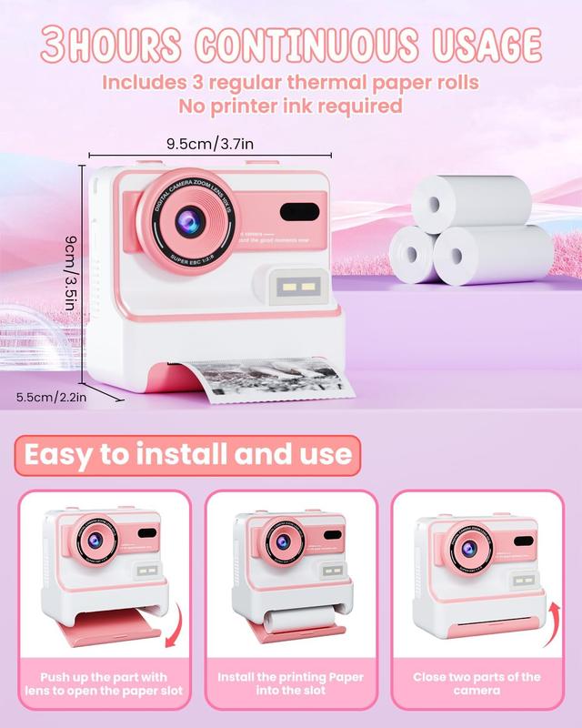 Instant print camera for kids, creative halloween and birthday gift for boys and girls ages 6 and up, HD digital camera with thermal paper, educational children's toy camera, portable instant print camera, includes 32GB SD card