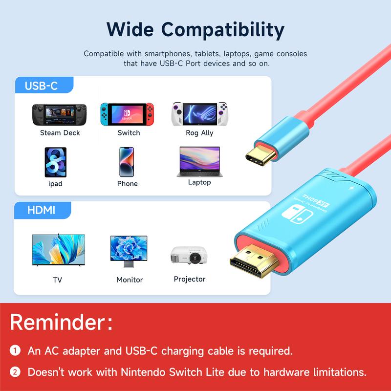 Jemdo USB C to HDMI cable compatible with nintendo Switch NS OLED, Portable TV projection cable can replace original dock for TV Accessories Console