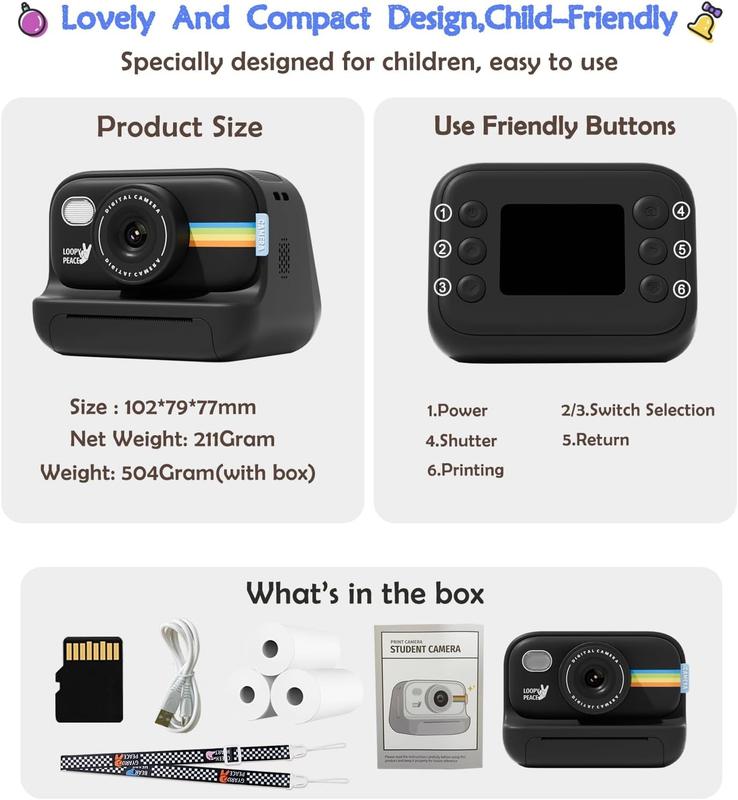 Instant Print, Inkless,digital camera,filmcamera disposablecamera Card Charging AdjustableDurable Sd ,Auto Focus Digital.Portable outdoor camera Child Memory fujifilmcamera 10x micro sd point & shoot cameras,Christmas Holiday Gift Ideas for Boys and Girls