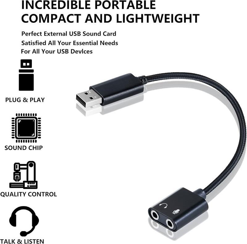 USB to 3.5mm Audio Adapter,External Stereo Sound Card with Dual TRS 3-Pole 3.5mm Headphone and Microphone Jack for PS4 PS5 PC Laptop, Built-in Chip Mic-Supported Headphone Adapter (Black Pro)