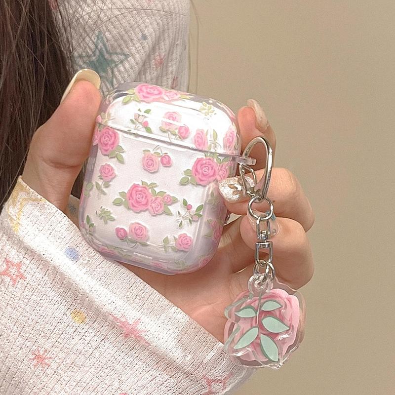 Floral Pattern Clear Earphone Case with Pendant, 1 Count Decorative Earphone Protector Cover, Earphone Accessories Compatible with AirPods 1 2 3 Pro2 Pro