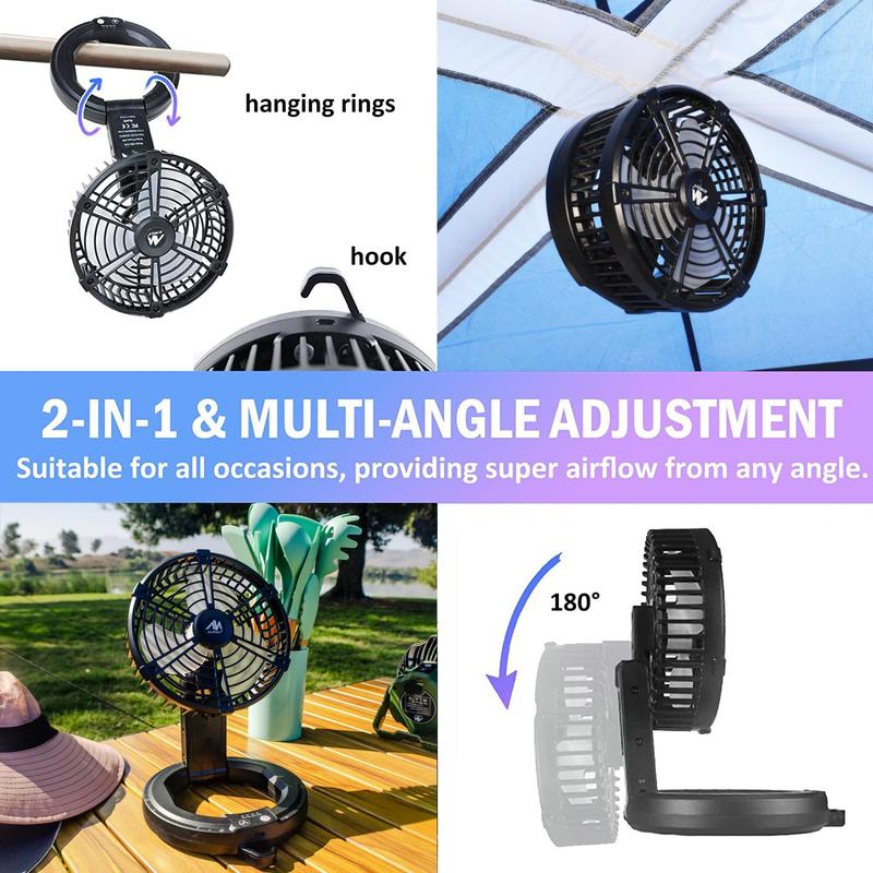 Foldable Camping Fan Rechargeable, Ayamaya 10400mAh Portable Battery Powered Camping Fan for Tents, Hangable USB Fans with LED Lantern Suitable for Fishing, Camping, BBQ, Workplace,Tent Fan with Light Button Mobile Adjustable Durable Equipment Charging