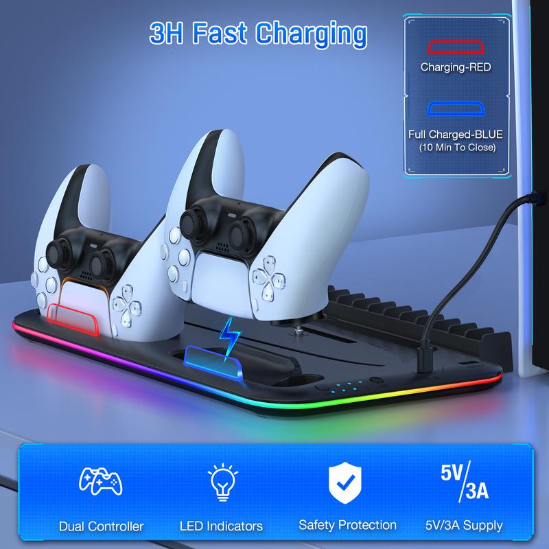 ESYWEN PS5 Cooling Stand Compatible with PS5 Disc & Digital with RGB Light Upgrade Cooling Fan, Dual Controller Charging Dock