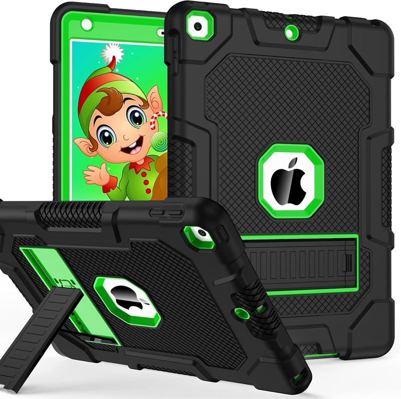 iPad 9th Generation Case, iPad 8th 7th Generation Case, iPad 10.2 2021 2020 2019 Case with Kickstand, Heavy Duty Shockproof Hybrid Three Layer Protective Cover for , Black+Green