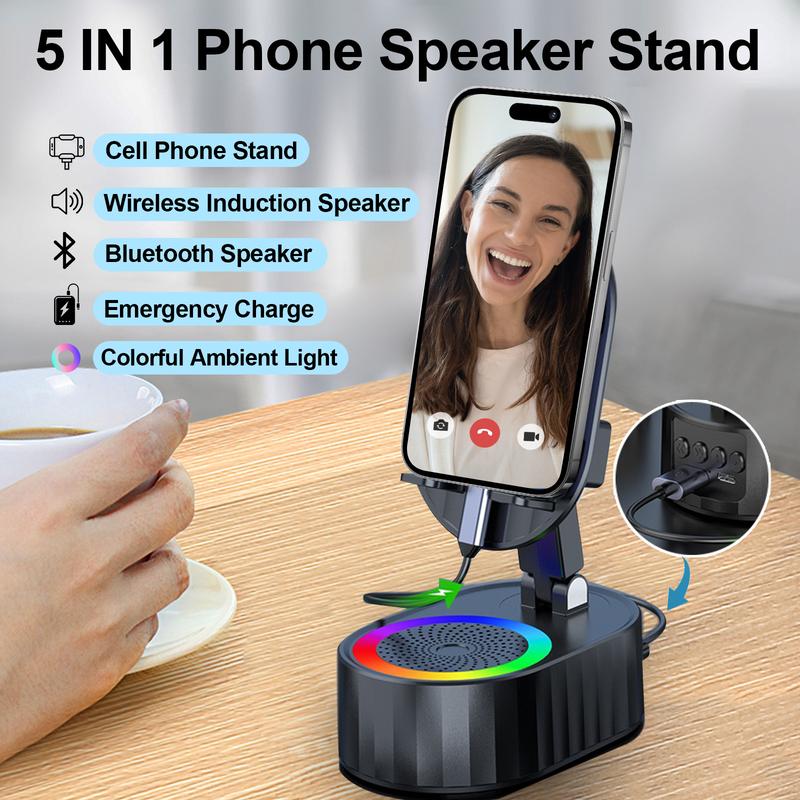 Black Friday Wireless Induction Audio Bluetooth Speaker 5in1 Phone Holder Emergency Rechargeable (3000mAh) Portable Power Tablet Stand With Colorful Ambient Light 300° Foldable for iPhone Android Non-Slip Base, Unique Cool Gadget Tech Gifts