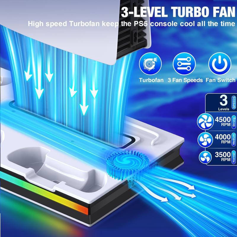 PS5 Cooling Station with Controller Charging Station for PS5 Pro PS5 Slim PS5 Disc Digital Console, PS5 Accessories 3 Level Cooling Fan, RGB, 3 USB Hub, Headset Holder, Media Slot