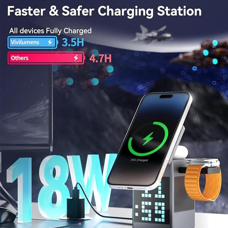 3 in 1 Wireless Charging Station, Multifunctional Wireless Charger with Bluetooth-compatible Speaker Alarm Clock, Fast Charging Station for iPhone 16 15