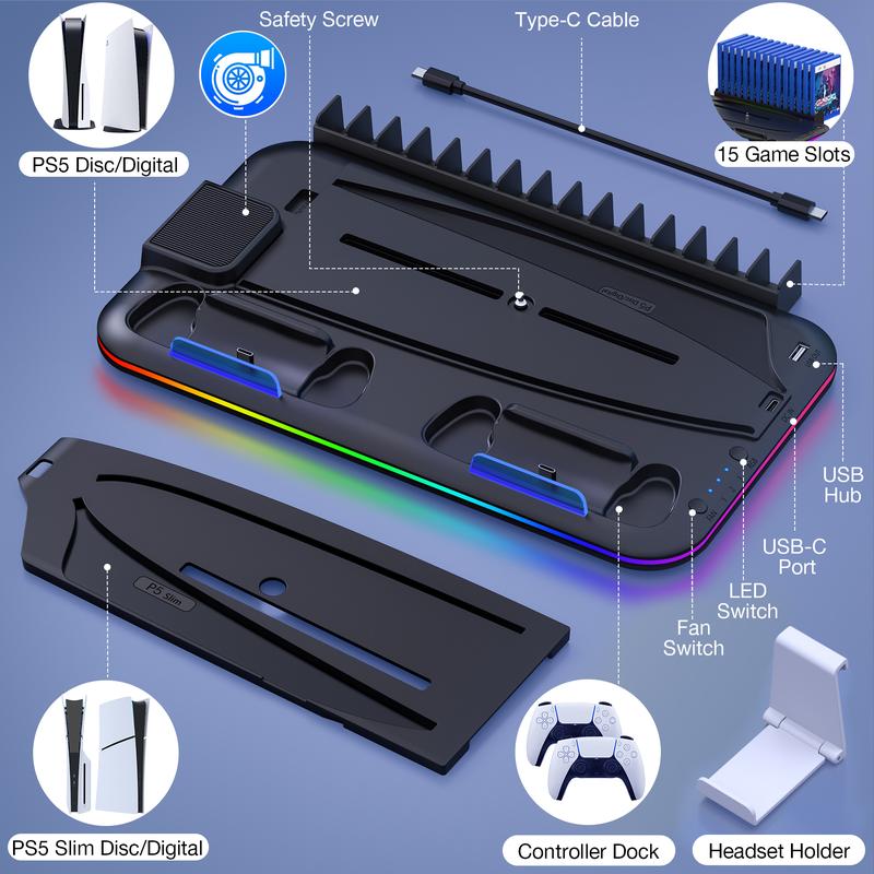 ESYWEN PS5 Cooling Stand Compatible with PS5 Disc & Digital with RGB Light Upgrade Cooling Fan, Dual Controller Charging Dock