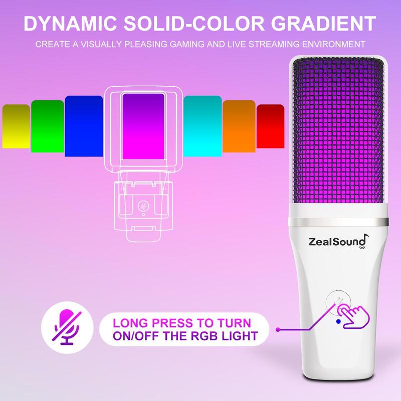 ZealSound USB Powered Streaming Microphone, Plug & Play RGB Audio Microphone with One-click Mute & Monitoring for Smartphone, PC, PS4, PS5, MAC Devices, Recording, Streaming, Podcast