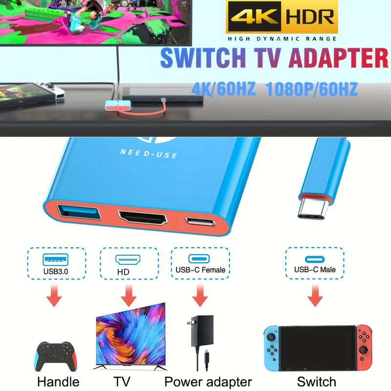 4K HDMI Output 3-in-1 Switch Dock for Nintendo: Portable TV Adapter with USB C Charging for Switch OLED, Steam Deck & Samsung DeX Accessories Console Smartphone