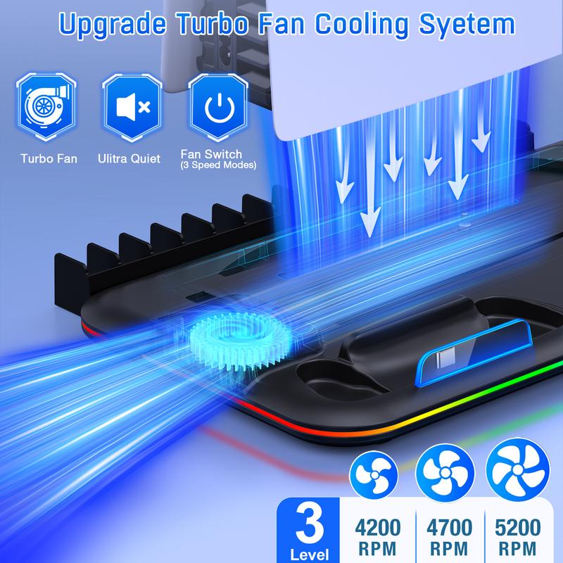 ESYWEN PS5 Cooling Stand Compatible with PS5 Disc & Digital with RGB Light Upgrade Cooling Fan, Dual Controller Charging Dock