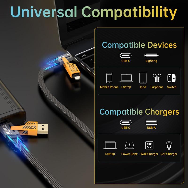 4-in-1 65W USB Type C Cable, PD 27W Fast Charging & Data Sync Lighting Charger Cord Compatible with iPhone iPad MacBook Samsung Smartphones, 3.28ft