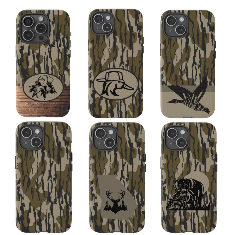 Bottomland Woodland Camo Tough Phone Case, Deer, Duck Dog, Bird Dog Hunting Camo, Ol School Southern Style Preppy Aesthetic iPhone 16 15 14 13 12 11 X 8 Plus Mini Pro, Outdoorside, Gifts For Boyfriend