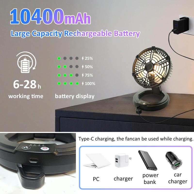 Foldable Camping Fan Rechargeable, Ayamaya 10400mAh Portable Battery Powered Camping Fan for Tents, Hangable USB Fans with LED Lantern Suitable for Fishing, Camping, BBQ, Workplace,Tent Fan with Light Button Mobile Adjustable Durable Equipment Charging