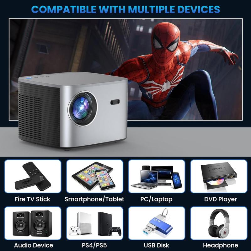 Groview Projector with WiFi, Bluetooth, 500 ANSI, 4K Native 1080P for Bedroom & Outdoor,  50-100% Zoom for Game & Square Audio Screen Cable low Noise