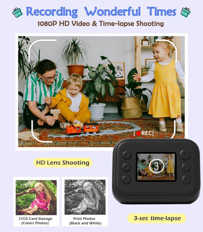 Instant Print, Inkless,digital camera,filmcamera disposablecamera Card Charging AdjustableDurable Sd ,Auto Focus Digital.Portable outdoor camera Child Memory fujifilmcamera 10x micro sd point & shoot cameras,Christmas Holiday Gift Ideas for Boys and Girls